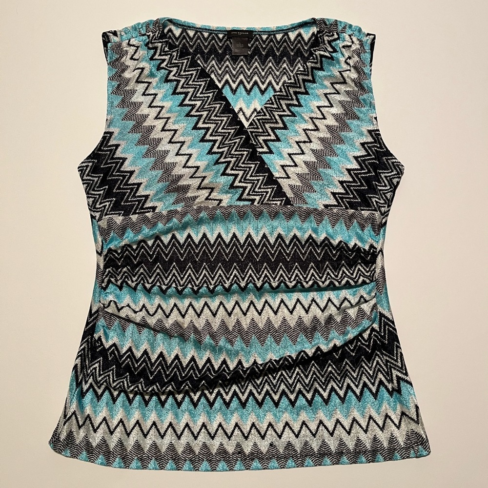 Ann Taylor Knitted Chevron Surplice Blouse Light Blue Black White